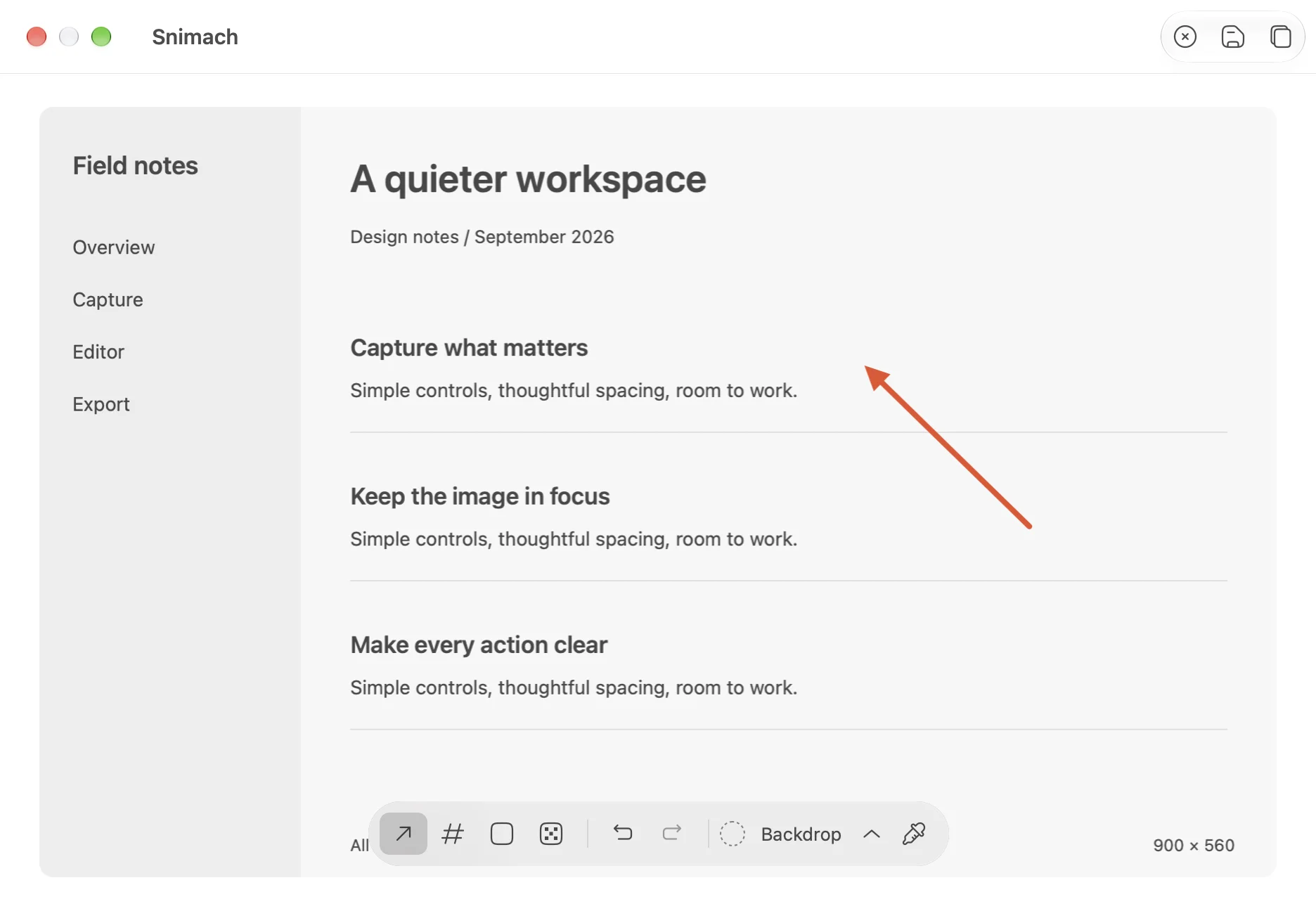 Snimach's editor with an arrow annotation